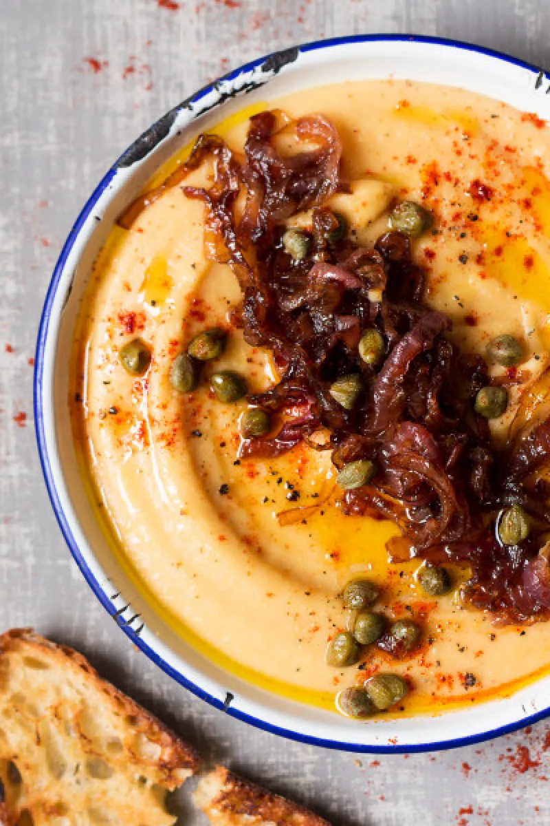 Greek fava with caramelised onions