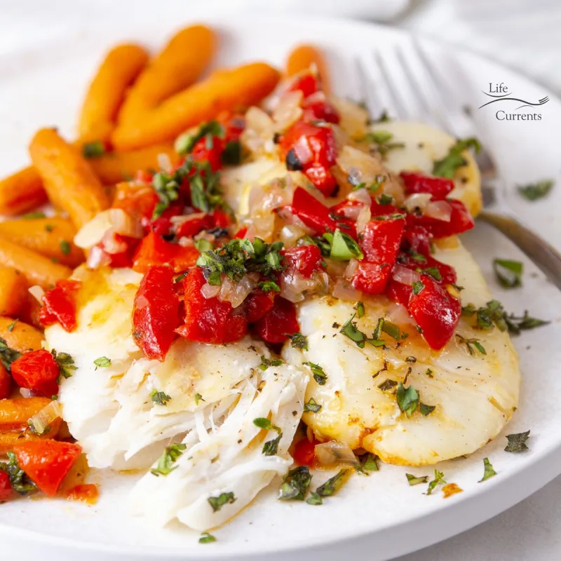 Air Fryer Halibut Cheeks with Red Pepper Shallot Pan Sauce