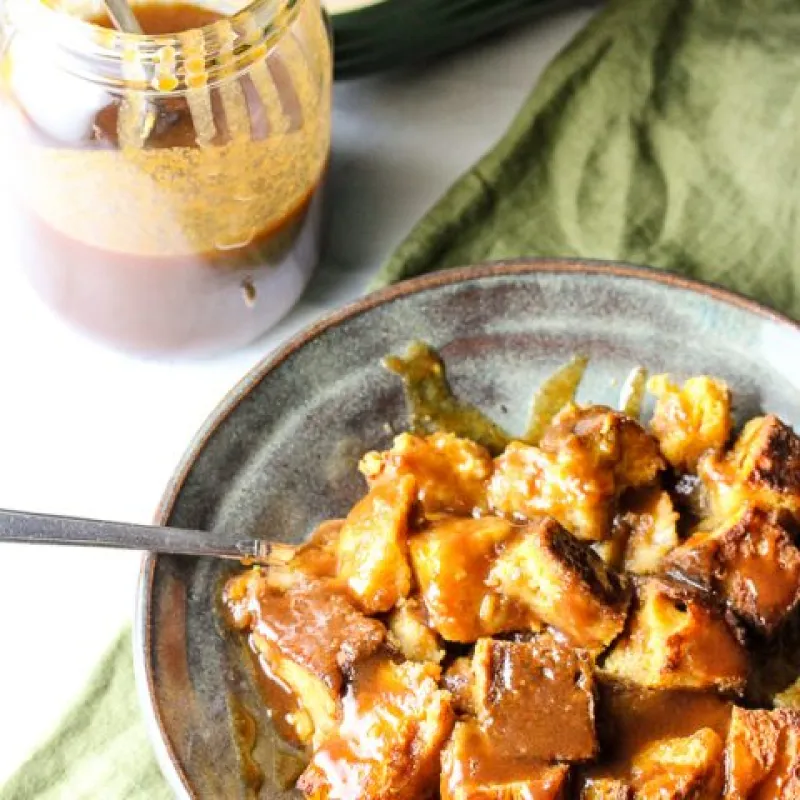 Pumpkin Pie Bread Pudding with Homemade Salted Caramel Sauce