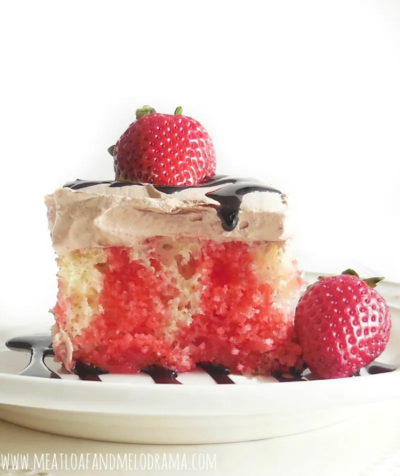 Strawberry Poke Cake with Fluffy Chocolate Frosting