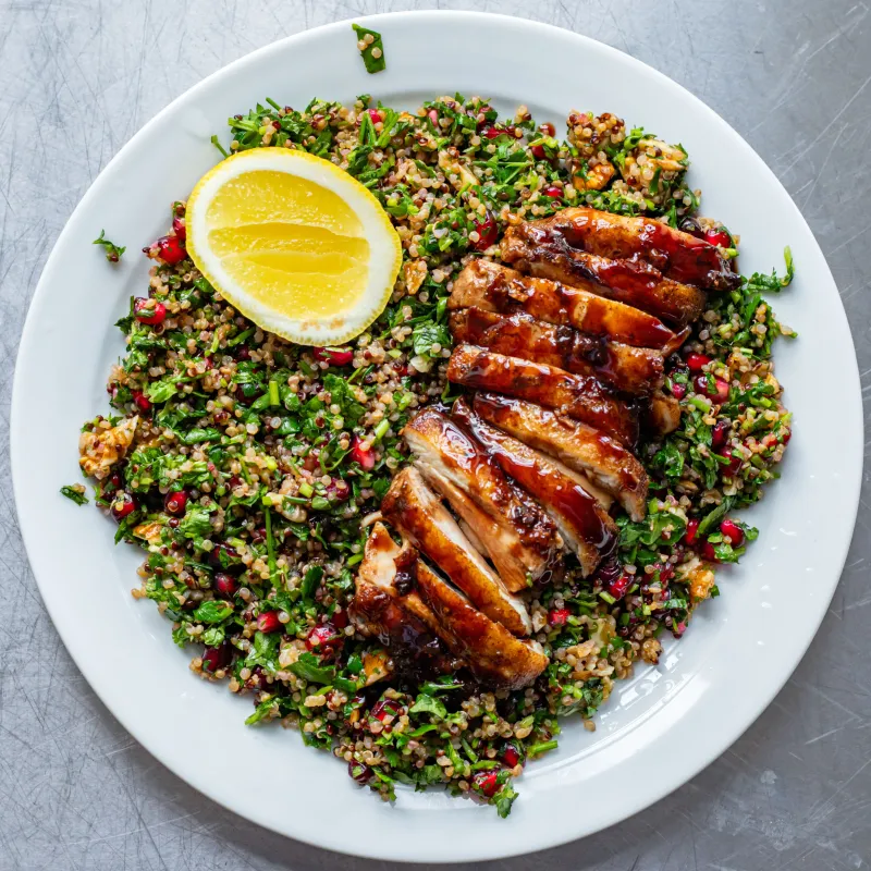 Sticky Pomegranate Glazed Chicken & Herby Quinoa