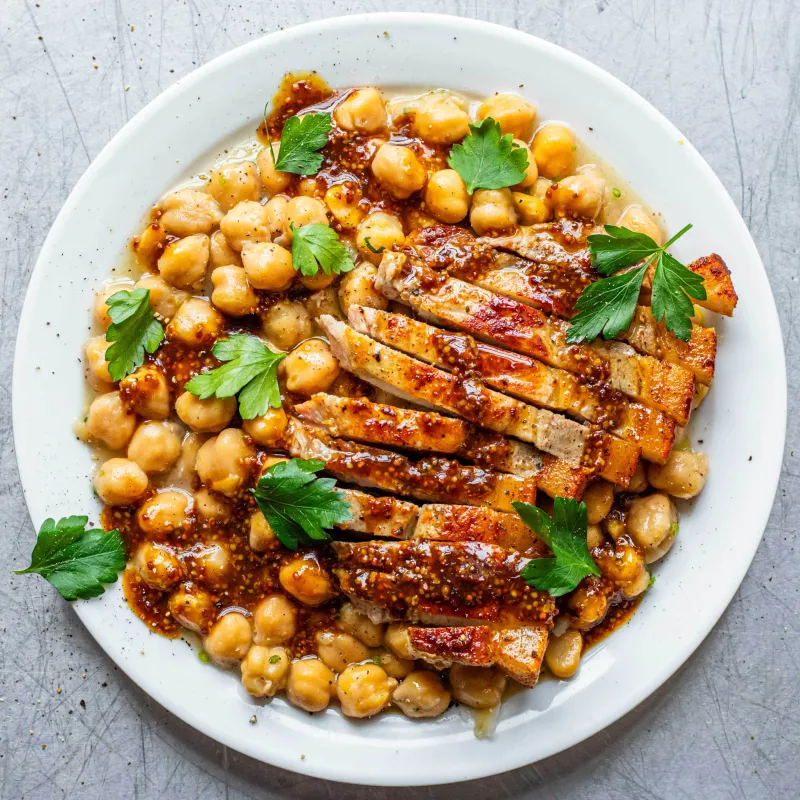 Honey Mustard Pork Chop & Garlicky Beans