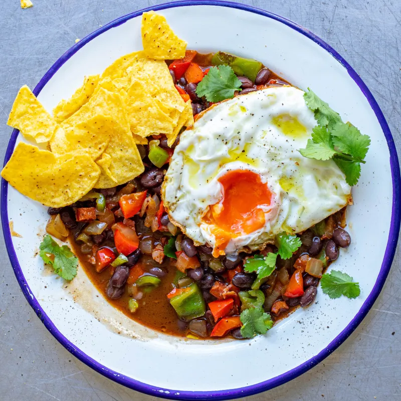 Crispy Eggs & Chorizo Black Beans