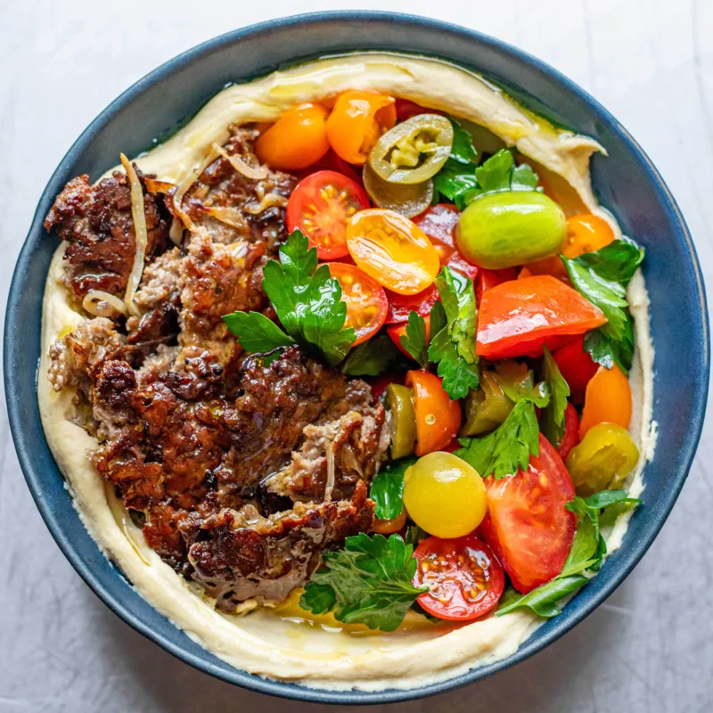 Smashed Beef & Onion Hummus Bowl