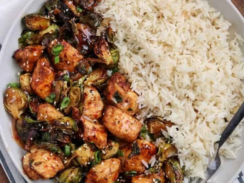 Air Fryer Sweet Chili Chicken and Brussels Sprouts