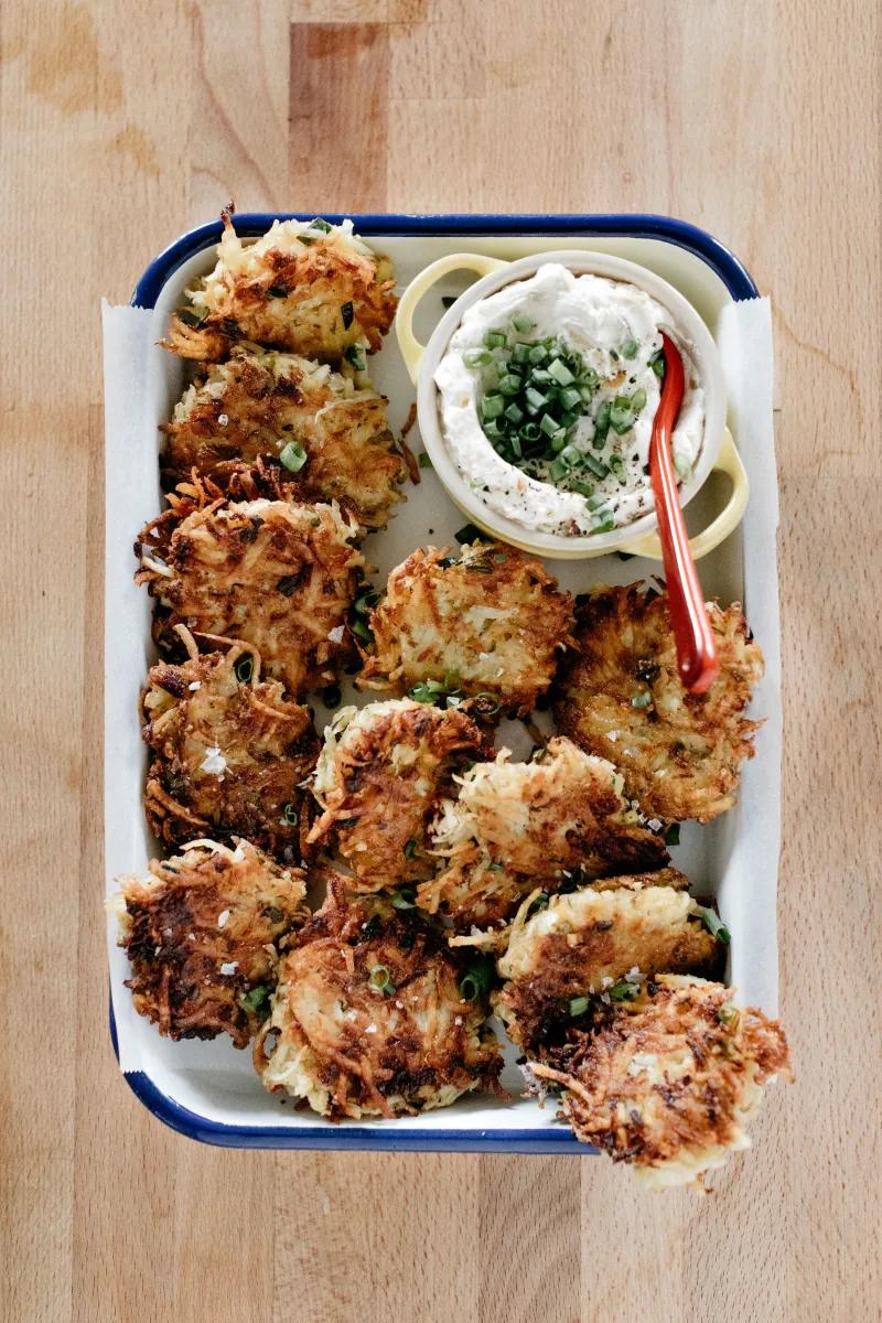 garlic and onion latkes and sour cream