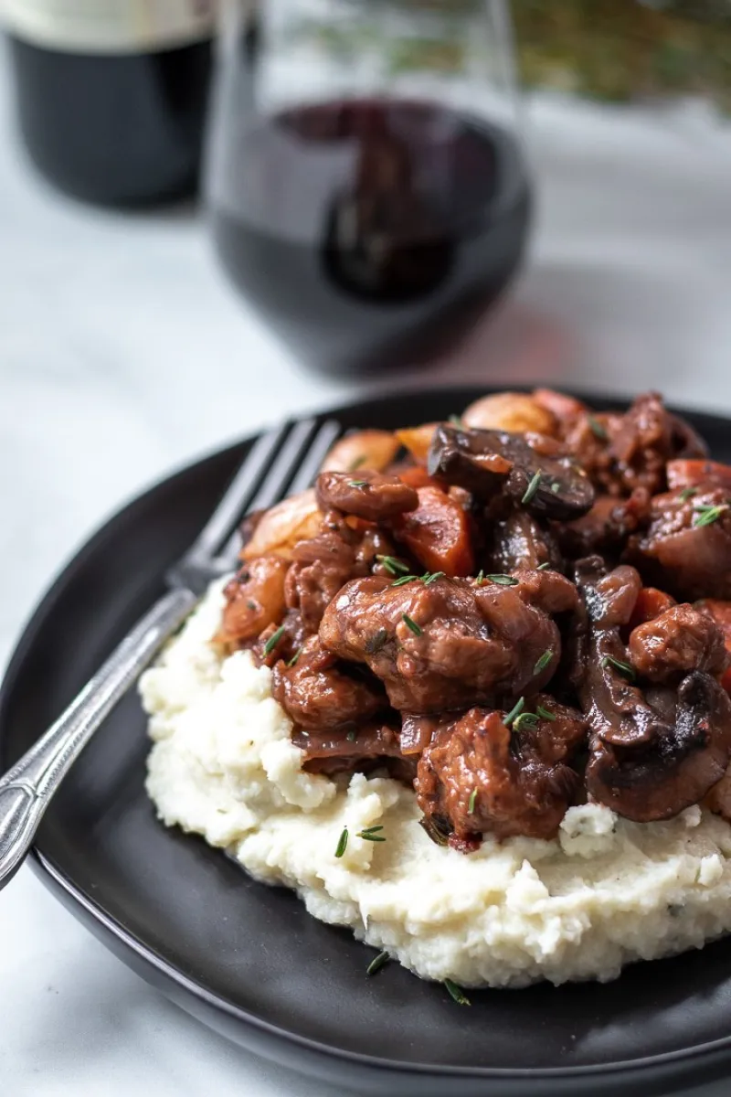 Vegan Seitan Bourguignon With Mashed Cauliflower