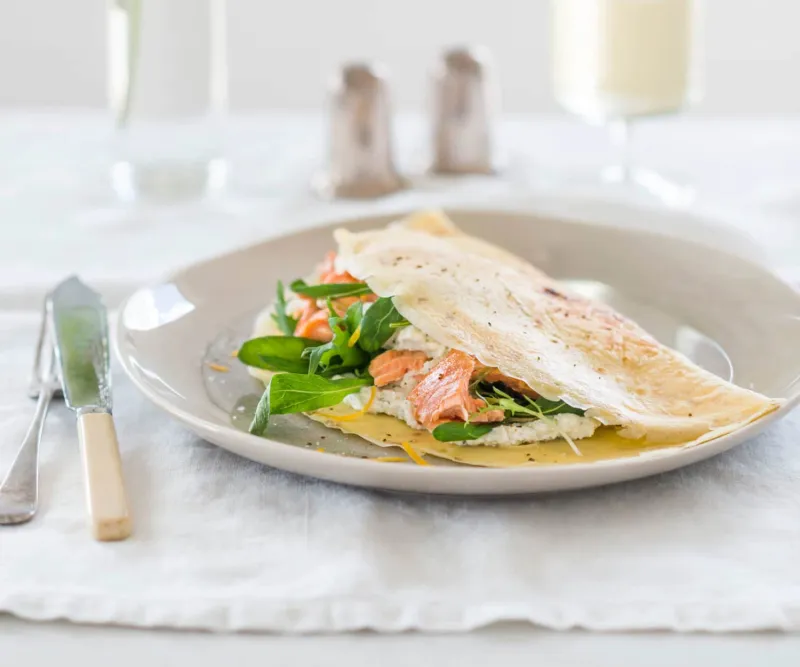 Sesame crepes with lemon ricotta and wood-smoked salmon