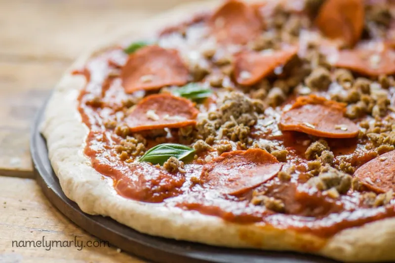 Vegan Pepperoni Pizza with Easy Homemade Crust