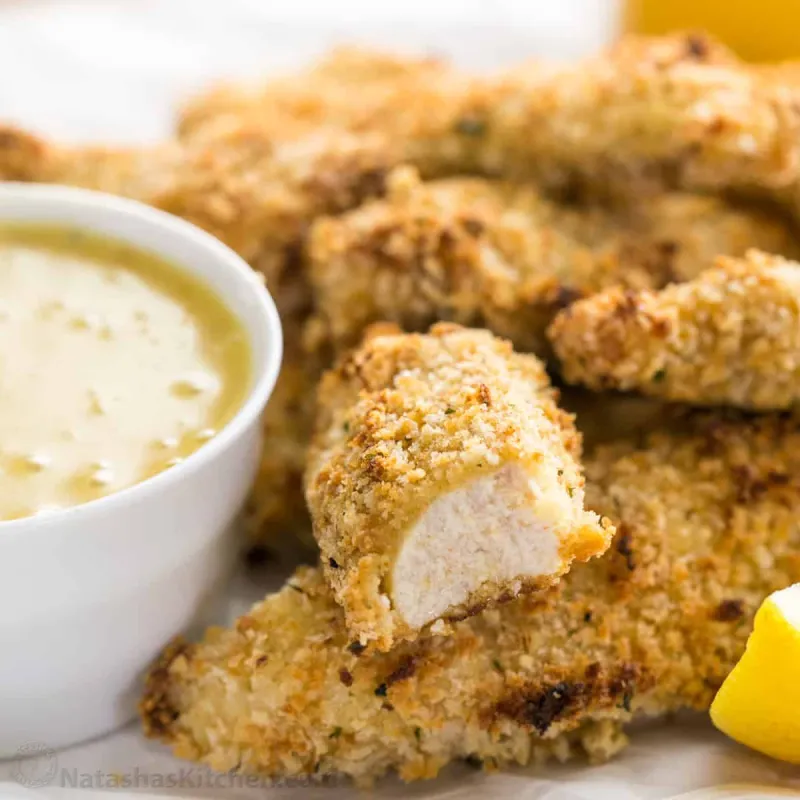 Baked Breaded Chicken Strips Recipe with Honey Mustard Dip