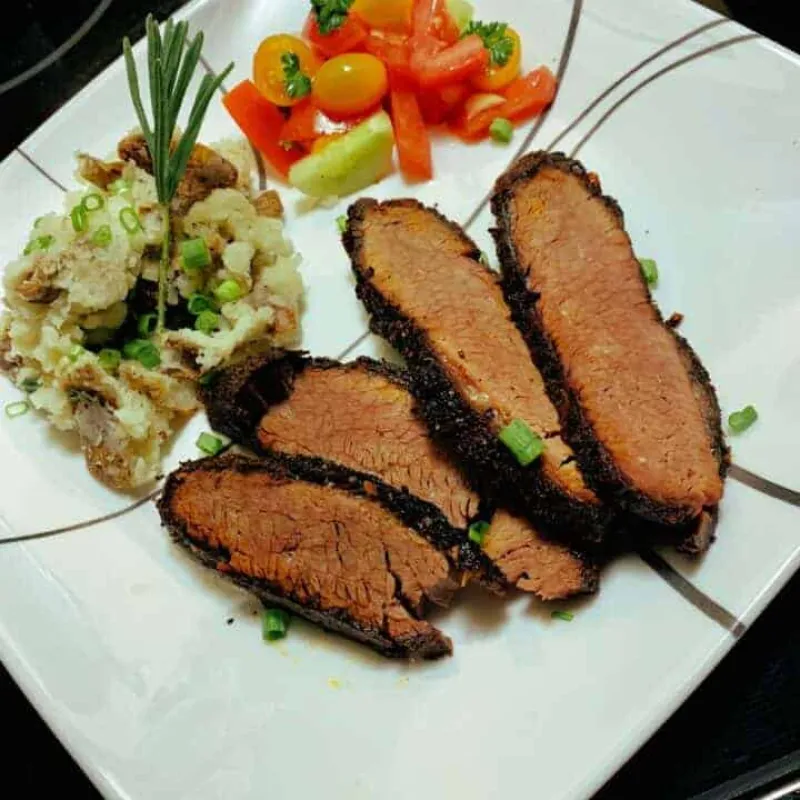 Oven Baked Brisket with Garlic Smashed Baked Potatoes and Cucumber Tomato Salad