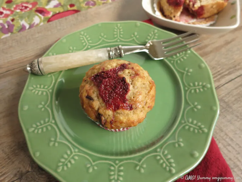 Banana Chocolate Chip Muffins with Roasted Strawberries