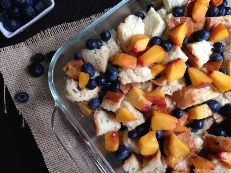 Challah Bread Pudding with Blueberries and Peaches