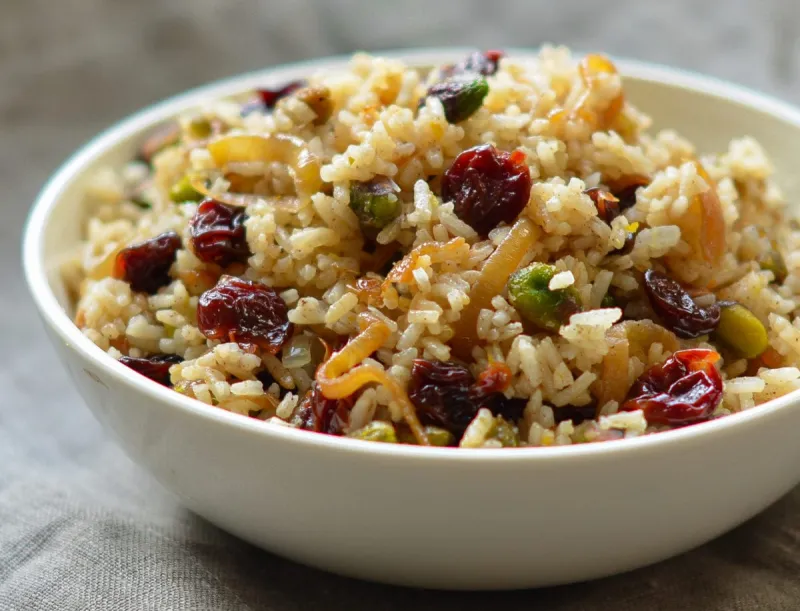 Rice Pilaf with Caramelized Onion, Orange, Cherry & Pistachio