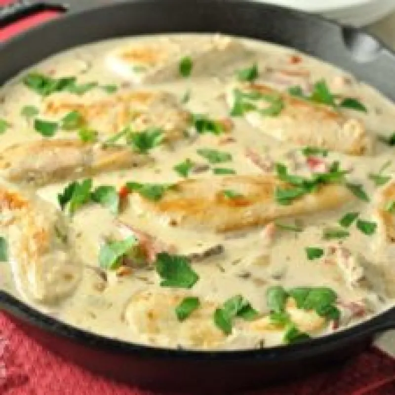 Chicken and Mushrooms with Roasted Red Pepper Alfredo Sauce - Low Carb, Gluten Free