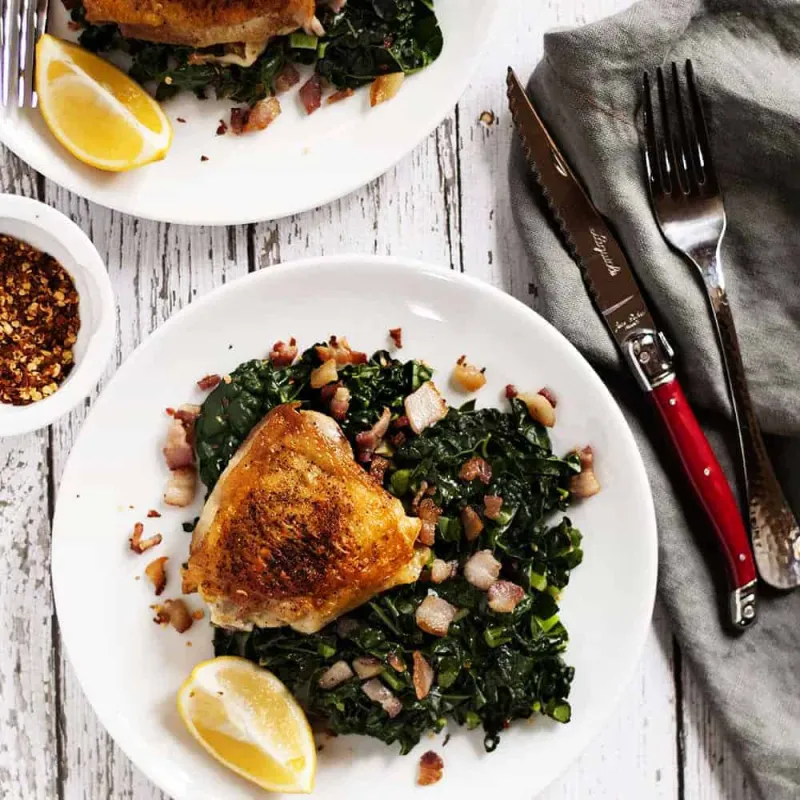 Crispy Chicken Thighs with Garlicky Kale