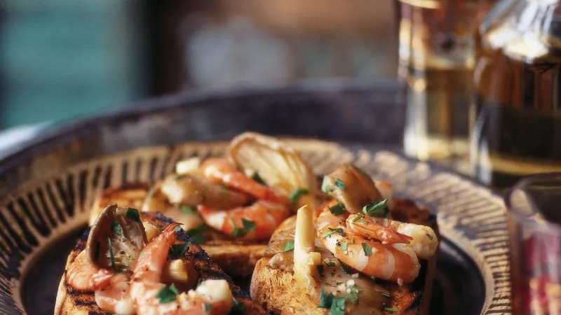 Oyster mushrooms and prawns on toast with fino sherry