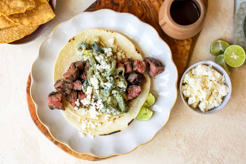 Creamy Rajas and Steak Tacos Recipe