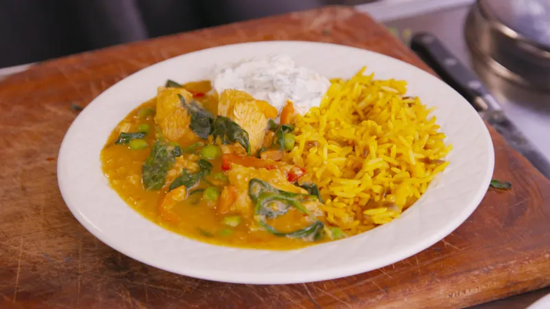 Chicken, Chilli & Lentil Curry with Lime Mango Yoghurt and Turmeric Spiced Rice