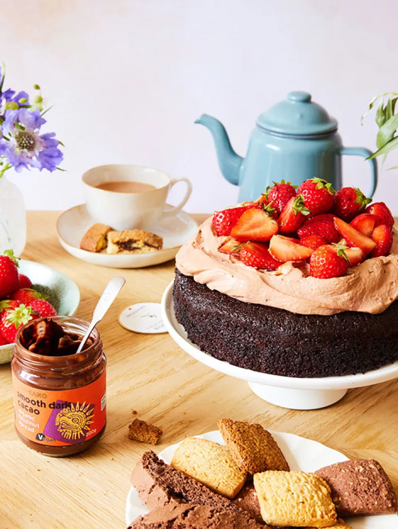 Vegan Chocolate Cake with Balsamic Strawberries