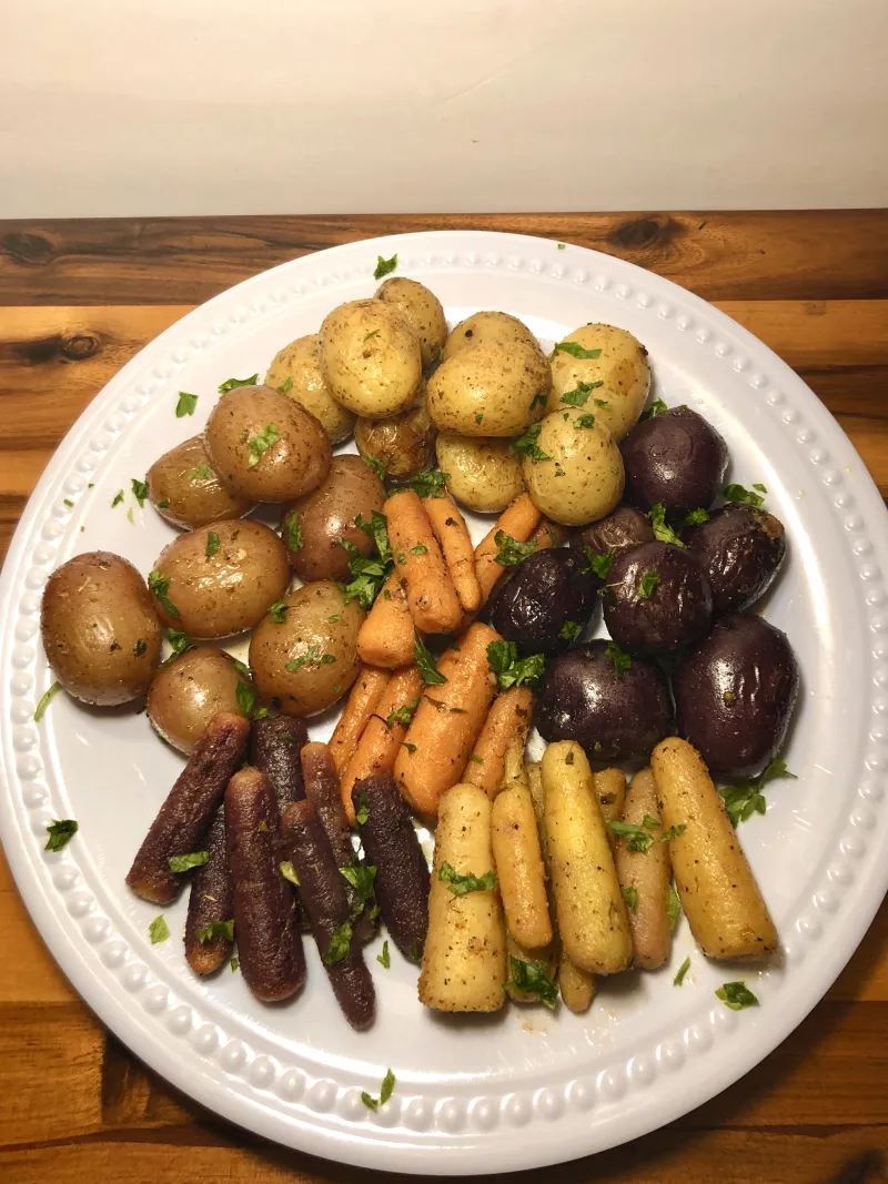 Simple Roasted Baby Potatoes and Rainbow Carrots