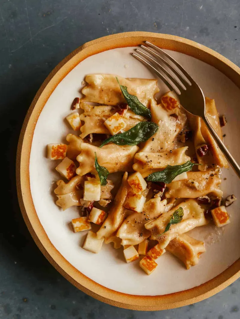 Creamy Sweet Potato Agnolotti (with Halloumi, Pecans and Fried Sage)