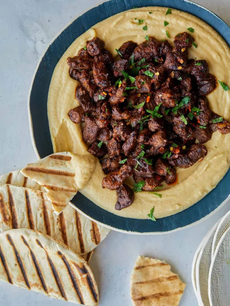 Spiced Lamb Filled Roasted Garlic Hummus