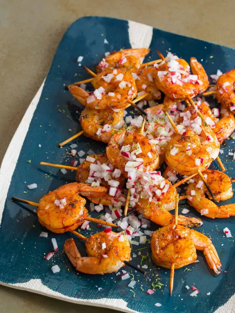 Smoked Paprika and Garlic Shrimp Skewers with a Fresh Confetti of Radish