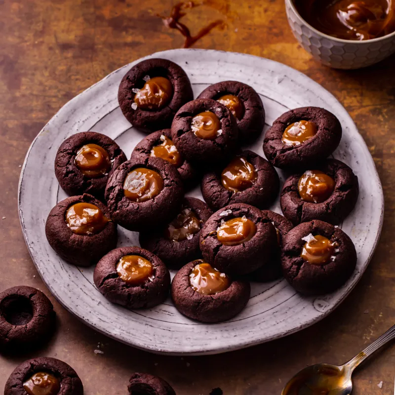Gingerbread Chocolate Caramel Thumbprint Cookies