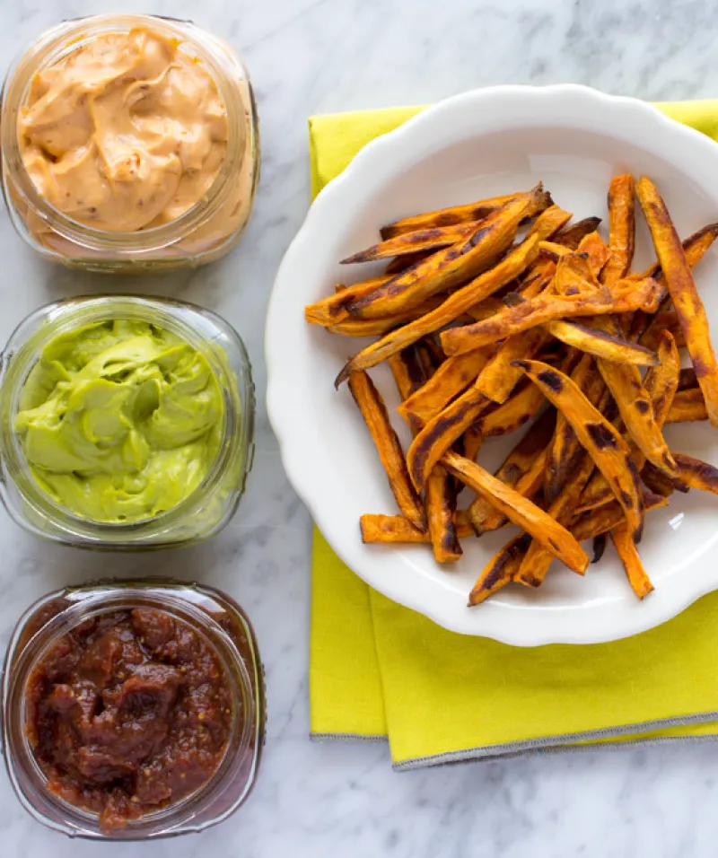 Baked Sweet Potato Fries + Three Vegan Dipping Sauces
