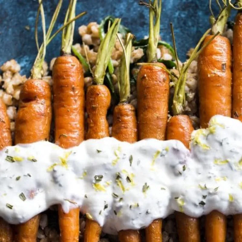 Roasted Carrots with Lemon Yogurt Sauce and Farro