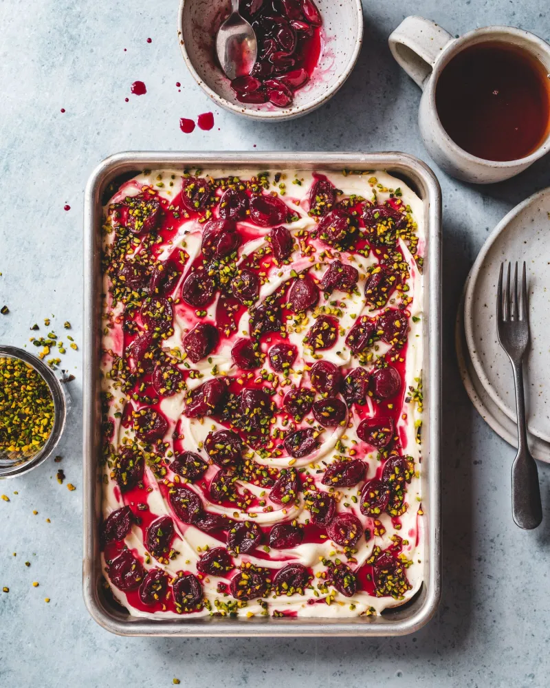 Pistachio and Cherry Sheet Cake