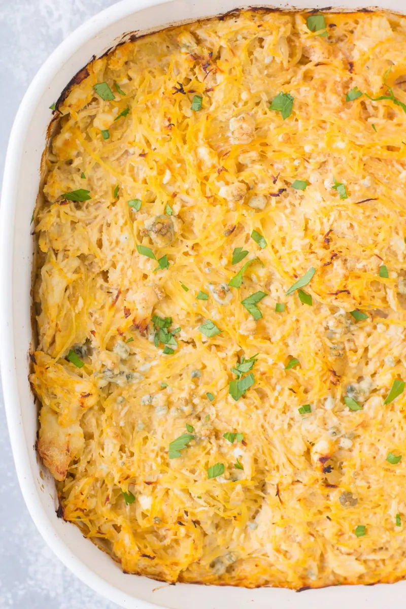 Healthy Buffalo Chicken Spaghetti Squash Casserole