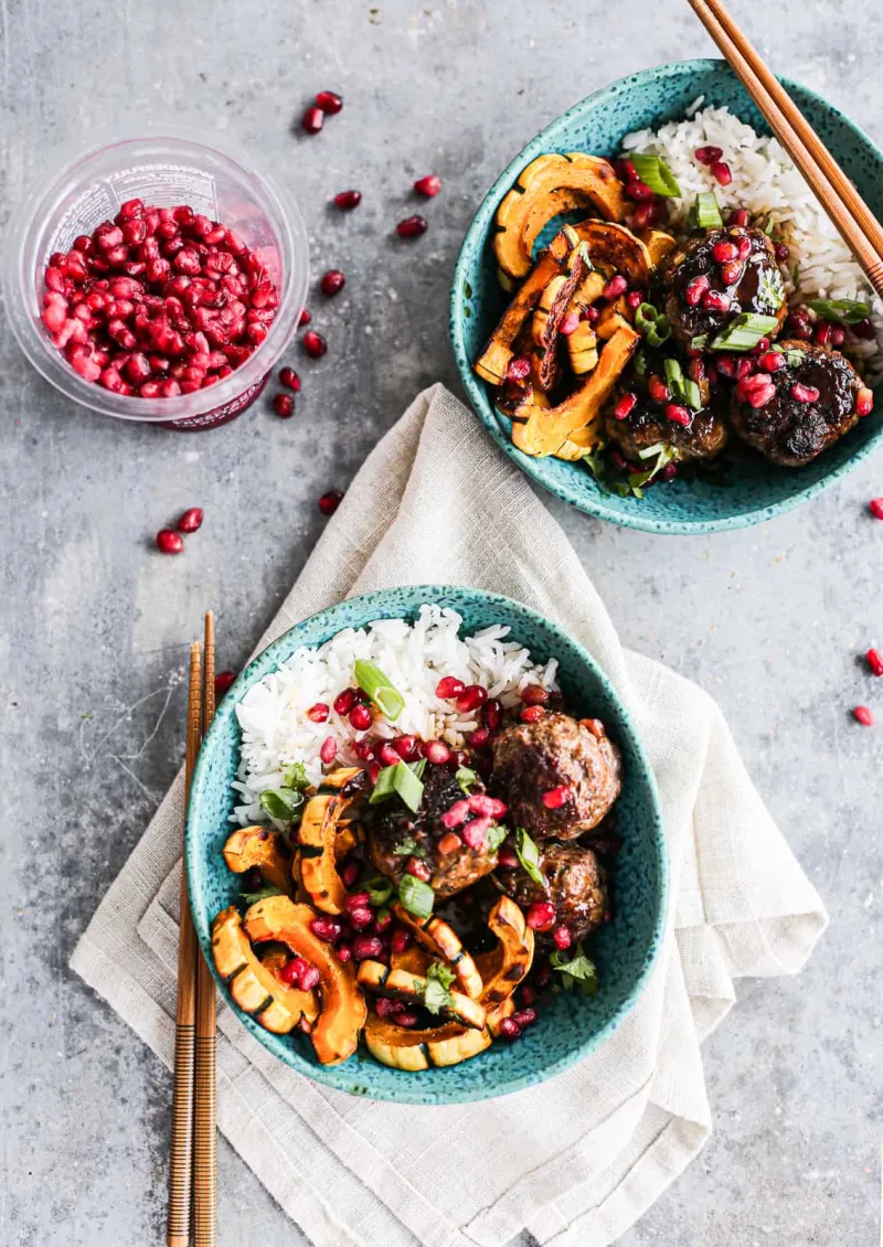 Sticky Pomegranate Meatball Bowls