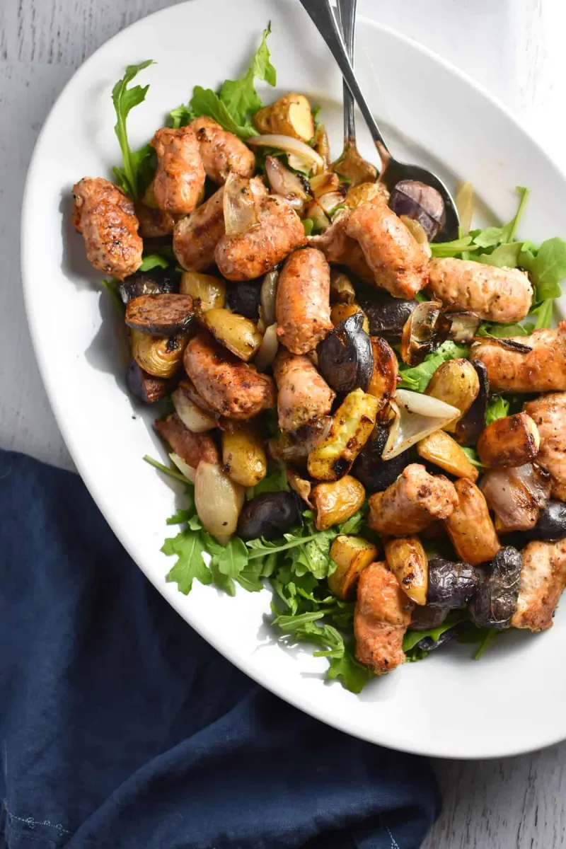 One Pan Chicken Sausage, Arugula, and Potato Salad