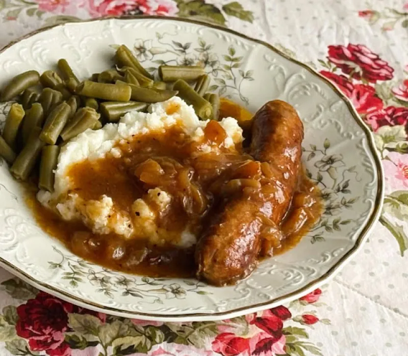 Slow Baked Sausages with Onion Gravy