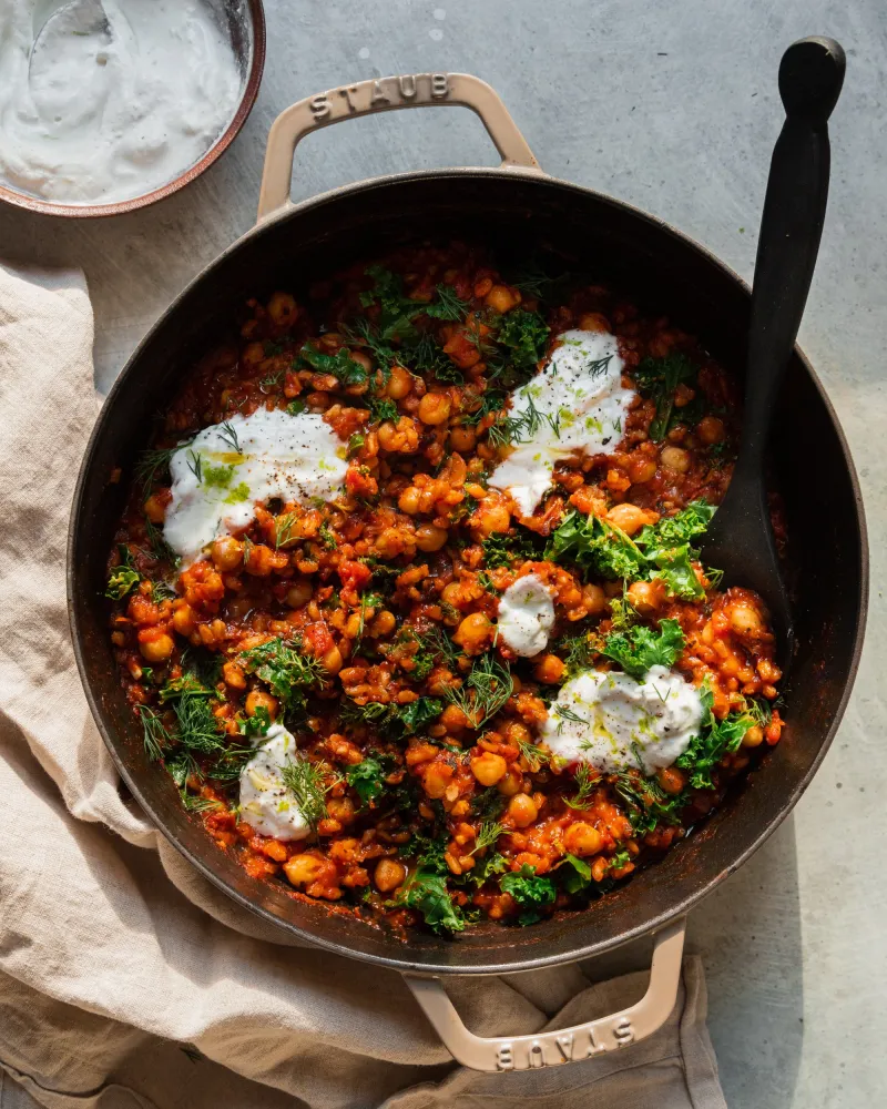 Farro Chickpea Skillet with Tomatoes, Kale, Cardamom & Lime