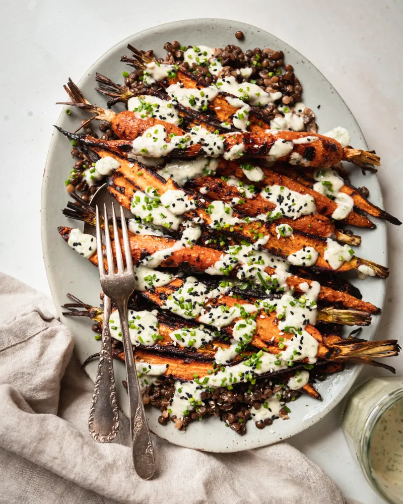 Grilled Carrots with Lentils & Roasted Garlic Chive Yogurt Sauce
