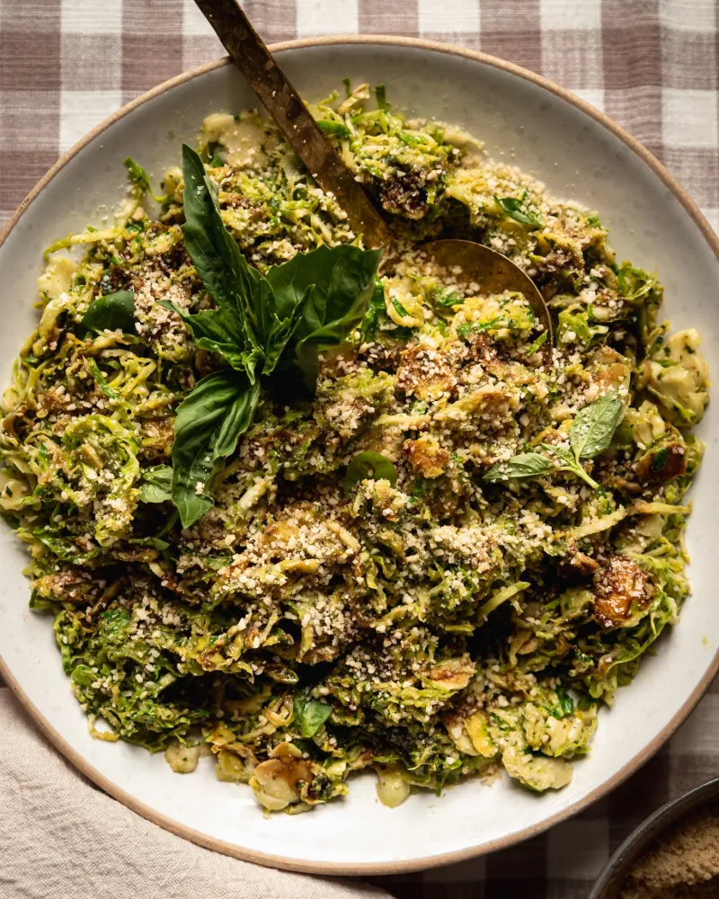 Sautéed Shaved Brussels Sprouts with Pesto