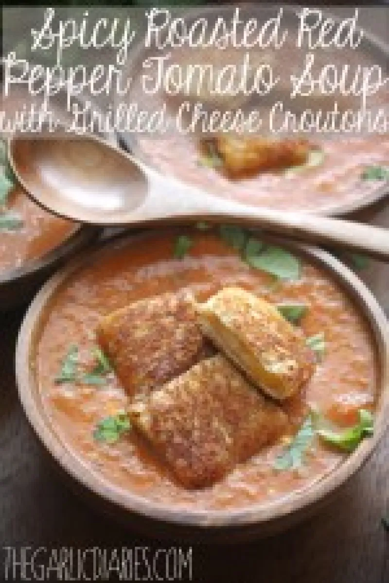 Spicy Roasted Red Pepper Tomato Soup with Grilled Cheese Croutons