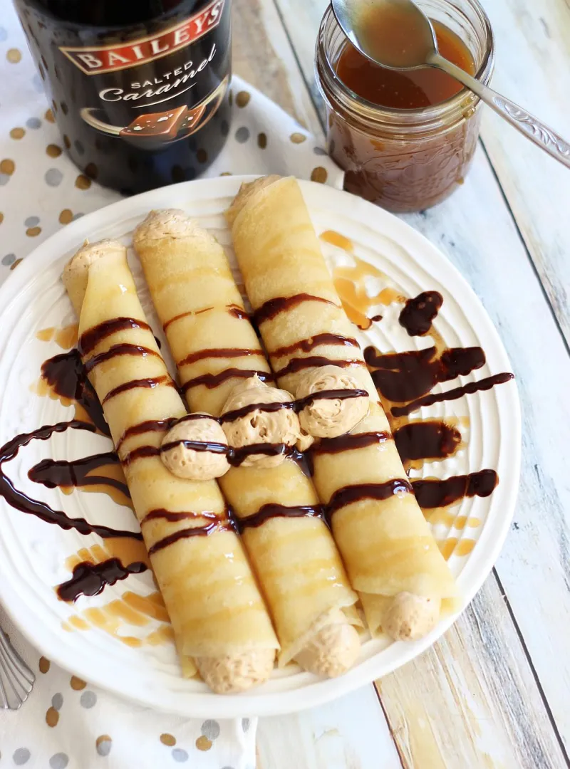Salted Caramel Crepes with Biscoff Cheesecake Filling and Caramel Sauce
