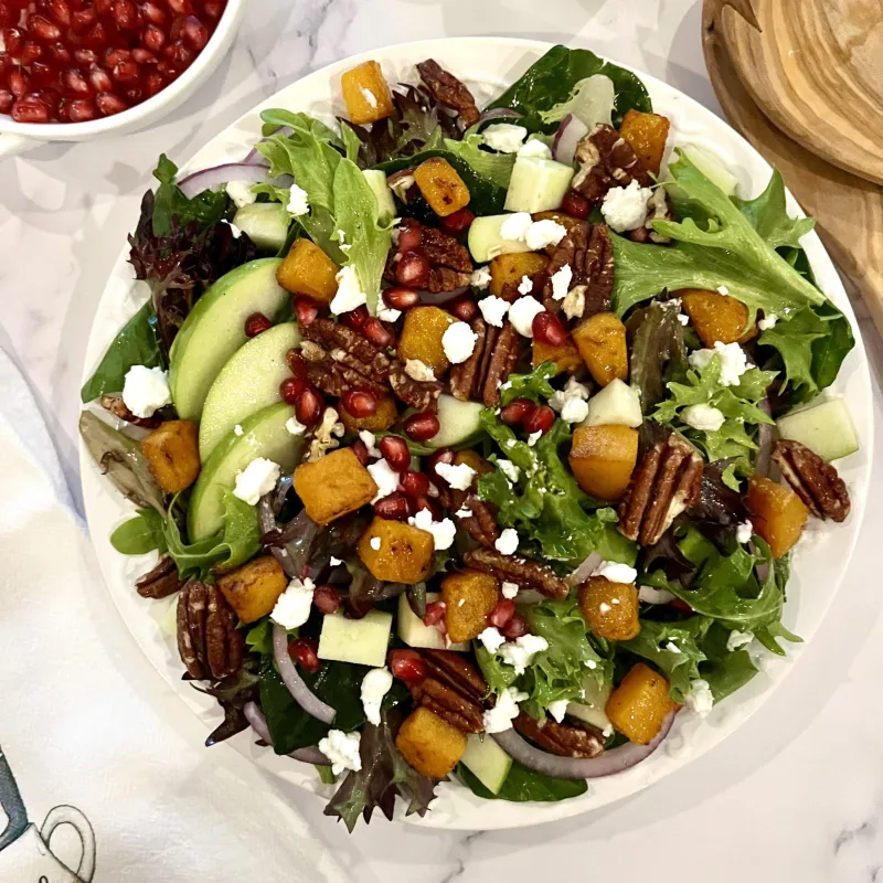 Roasted Butternut Squash, Apple and Goat Cheese Salad with Honey Roasted Pecans