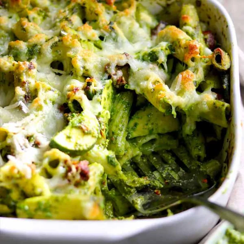 Pesto Pasta Bake with Spinach and Sun-Dried Tomatoes