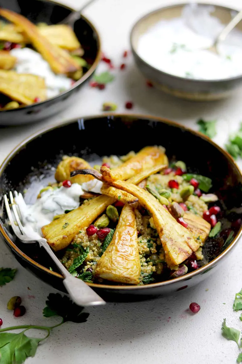 Roasted Curried Parsnips with Cumin Quinoa Pilaf