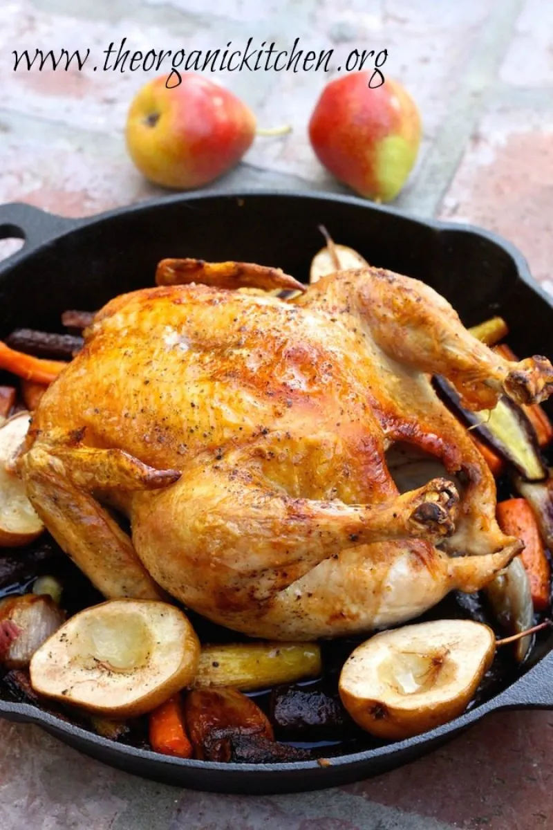 Roasted Skillet Chicken with Honey Ginger Carrots and Pears