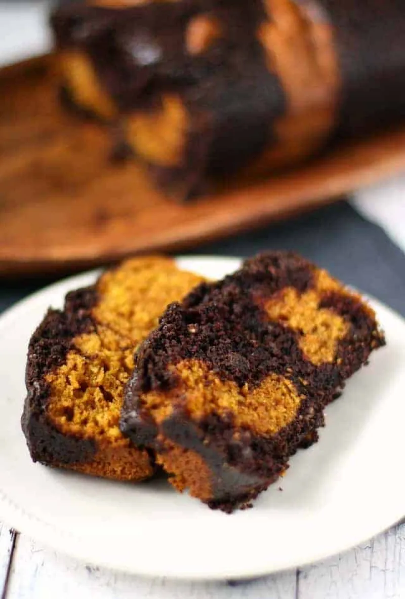 Vegan Chocolate Pumpkin Swirl Loaf Cake.