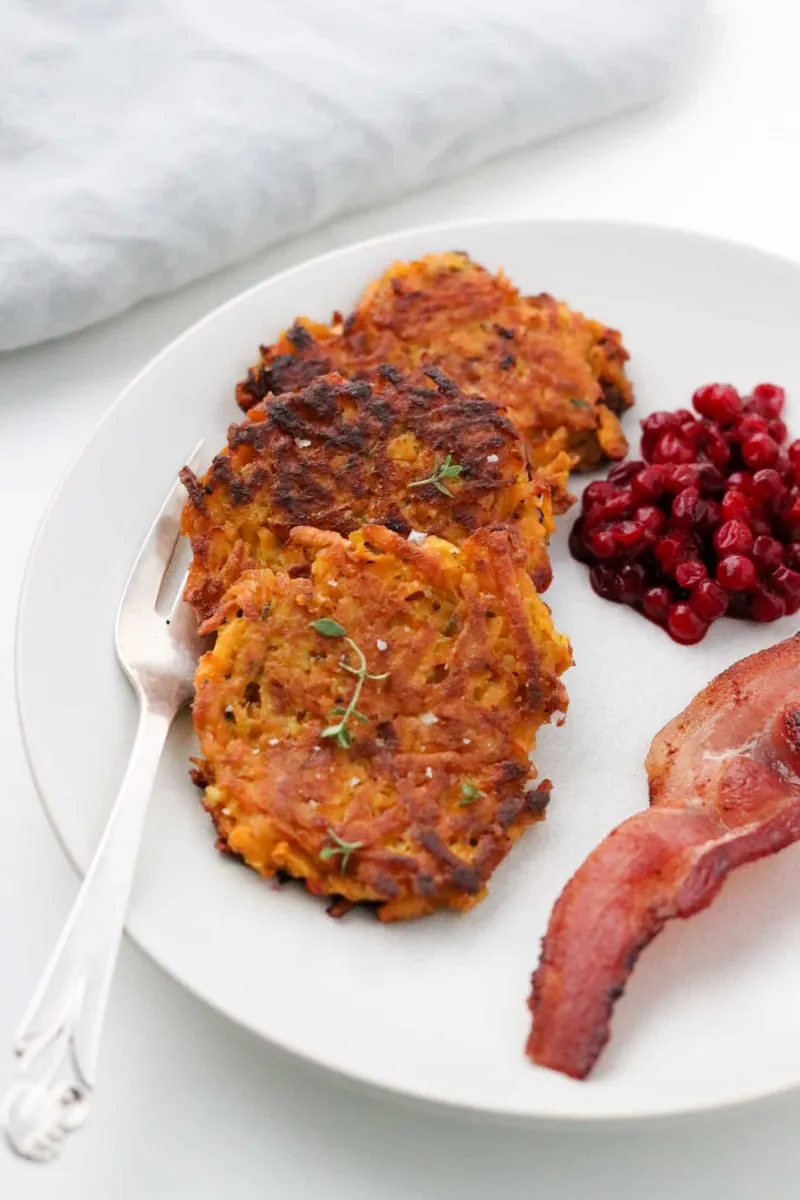 Crispy Sweet Potato Pancakes with Lingonberries and Bacon