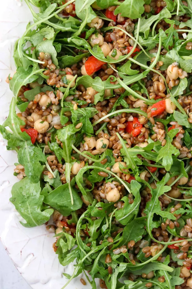 Rye Berry Salad with Chickpeas, Roasted Red Peppers and Arugula