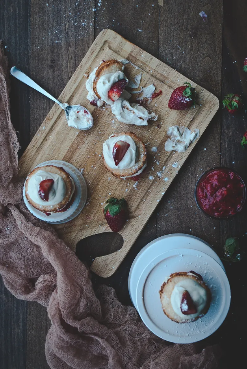 Double-strawberry angel food cake with whipped vanilla creme fraiche