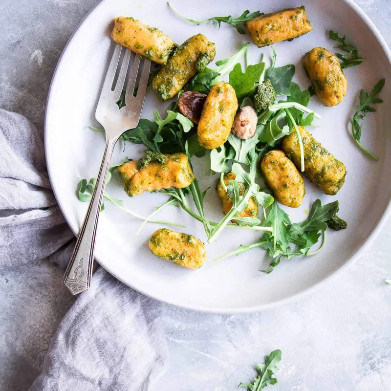 Yam Gnocchi with Basil Pesto & Mushrooms (vegan + gluten-free)